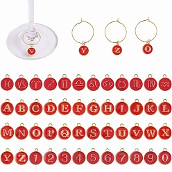 Красный Наборы для изготовления подвесок для бокалов своими руками, в том числе латунные кольца с подвесками для бокалов, подвески с эмалью из сплава с цифрами, алфавитом и созвездиями, красные, 148 шт / коробка