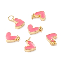 Hot Pink Rack Plating Brass Enamel Charms, with Jump Ring, Cadmium Free & Nickel Free & Lead Free, Real 18K Gold Long-Lasting Plated, Heart, Hot Pink, 9x7x2mm, Hole: 2.5mm