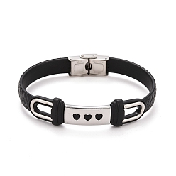 Heart 201 Stainless Steel Rectangle Link Bracelet with PU Leather Cord for Men Women, Black, Heart Pattern, 9-1/8 inch(23cm)