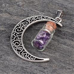 Amethyst Column Glass Bottle with Amethyst inside Pendants, with Moon Alloy Finding and 304 Stainless Steel Findings, 41x29x10mm, Hole: 7x4mm