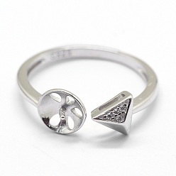 Platinum Adjustable Rhodium Plated 925 Sterling Silver Cuff Finger Ring Components, For Half Drilled Beads, with Cubic Zirconia, Clear, Triangle, Platinum, Size: 7, 17mm, Tray: 6mm, Pin: 0.6mm