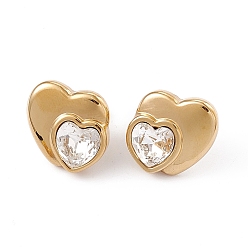 Cristal Boucles d'oreilles clous double cœur strass, or 304 bijoux en acier inoxydable pour femmes, cristal, 15x16mm, pin: 0.7 mm