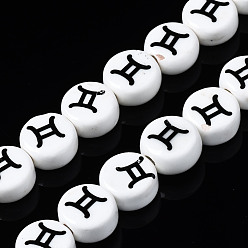 Gemini Handmade Porcelain Ceramic Beads Strands, Printed, Flat Round with Constellation, Gemini, 10~11x5mm, Hole: 2mm, about 30pcs/strand, 11.81 inches(30cm)