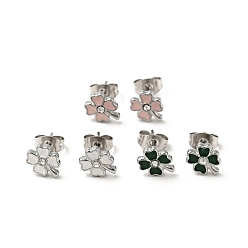 Mixed Color Enamel Clover with Crystal Rhinestone Stud Earrings with 316 Surgical Stainless Steel Pins, Stainless Steel Color Plated 304 Stainless Steel Jewelry for Women, Mixed Color, 8.5x7mm, Pin: 0.8mm