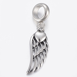 Antique Silver 304 Stainless Steel Dangle Charms, Large Hole Pendants, Wing, Antique Silver, 29mm, Hole: 5mm