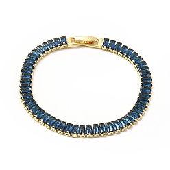 Blue Cubic Zirconia Tennis Bracelets, Rack Plating Brass Jewelry with Fold Over Clasp for Women, Lead Free & Cadmium Free, Long-Lasting Plated, Real 18K Gold Plated, Blue, 7-1/2 inch(18.9cm)