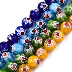 Couleur Mélangete Brins de perles en verre de millefiori faites à la main, ronde avec motif de fleurs, couleur mixte, 10mm, Trou: 1.2mm, Environ 36~38 pcs/chapelet, 13.78 pouces~14.88 pouces (35cm~37.8cm)