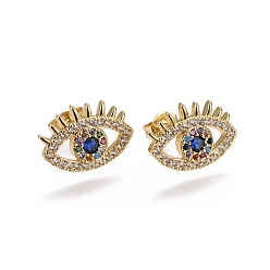 Colorful Brass Micro Pave Cubic Zirconia Stud Earrings, Evil Eye, Golden, Colorful, 14.4x10x2.4mm, Pin: 0.7mm