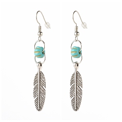 Antique Silver Feather Pendants Dangle Earring for Girl Women, with Brass Hooks, Antique Silver, 60mm, Pin: 0.6mm