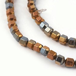 Copper Plated Electroplated Non-magnetic Synthetic Hematite Beads Strands, Half Plated, Hexagonal Prism, Copper Plated, 3.5x3.5x4mm, Hole: 0.5mm, about 107pcs/strand, 16.14 inch(41cm)