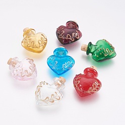 Mixed Color Handmade Lampwork Perfume Bottle Pendants, Essential Oil Bottle, with Gold Sand, Heart, Mixed Color, 25~27x23x12mm, Bottle Capacity: 0.5~1ml(0.017~0.03 fl. oz)
