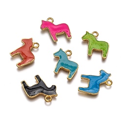 Couleur Mélangete Émail d'alliage pendentifs cheval animal, métal couleur or, couleur mixte, 19x17x2mm, Trou: 1mm