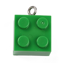Зеленый Подвески из смолы, с железной платиной петлей, игрушечные кирпичи, зелёные, 21x15.5x11 мм, отверстие : 2.6 мм