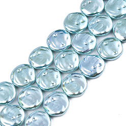 Medium Turquoise ABS Plastic Imitation Pearl Beads Strands, AB Color Plated, Flat Round, Medium Turquoise, 18x5mm, Hole: 0.7mm, about 22pcs/strand, 15.75 inch(40cm)