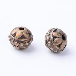 Antique Bronze Tibetan Style Alloy Beads, Round, Cadmium Free & Nickel Free & Lead Free, Antique Bronze, 8x7mm, Hole: 1mm, about 800pcs/1000g