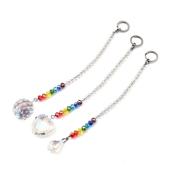 Colorful Chakra Crystal Suncatcher Dowsing Pendulum Pendants, with 304 Stainless Steel Split Key Rings, Glass Beads, Velvet Bag, Leaf & Heart & Ball Shape, Stainless Steel Color, Colorful, 23.5cm, 24cm, 3pcs/set