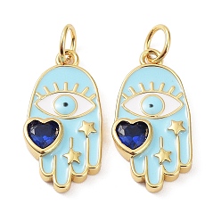 Real 18K Gold Plated Rack Plating Brass Enamel with Glass Pendants, Lead Free & Cadmium Free, Long-Lasting Plated, Hamsa Hand with Heart Charms, Real 18K Gold Plated, 19x9.5x2.5mm, Hole: 3.5mm
