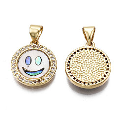 Real 16K Gold Plated Brass Micro Pave Clear Cubic Zirconia Pendants, with Shell, Nickel Free, Flat Round with Smiling Face, Real 16K Gold Plated, 15.5x14x3mm, Hole: 3.5x4mm
