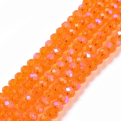 Оранжевый Стеклянные бусины с гальваническим покрытием , с половиным покрытием цвета радуги, граненые, рондель, оранжевые, 3.5x3 мм, отверстие : 0.4 мм, около 123~127 шт / нитка, 13.7~14.1 дюйм (35~36 см)