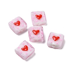 Pink Valentine's Day Handmade Lampwork Enamel Beads Strands, Square with Heart, Pink, 14~15x14~15x7~8mm, Hole: 1.2mm, about 25pcs/strand