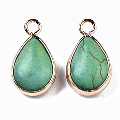 Green Synthetic Turquoise Pendants, with Light Gold Plated Brass Edge, Teardrop, Dyed, Green, 18~19x10.5x5mm, Hole: 2mm
