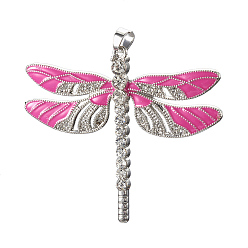 Rose Chaud Émail en alliage gros pendentifs, avec strass, libellule, platine, rose chaud, 56~56.5x64x5mm, Trou: 5x6.5mm