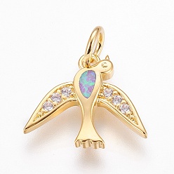 Pearl Pink Brass Cubic Zirconia Pendants, with Synthetic Opal, Bird, Golden, Pearl Pink, 14.5x17x2.5mm, Hole: 4mm