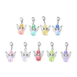 Colorful Eco-Friendly Transparent Acrylic Pendants, with Platinum Tone Tibetan Style Alloy Beads and 304 Stainless Steel Lobster Claw Clasps, Angel & Fairy, Colorful, 32mm, 9pcs/set