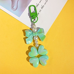 Lime Green Pearl Beaded Bowknot Clover Acrylic Pendant Decorations, with Metal Finding, for Backpack, Keychain Decor, Lime Green, 69x39mm