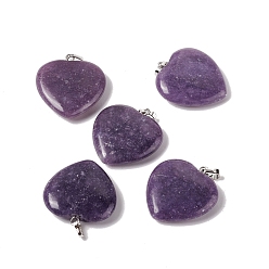 Lilac Jade Natural Lilac Jade Pendants, with Platinum Tone Brass Findings, Heart Charm, 27~28x25x7mm, Hole: 7x4mm