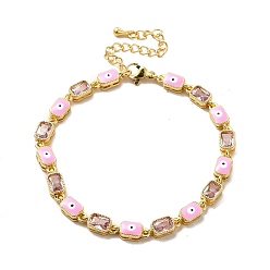 Pink Bracelet chaîne à maillons rectangulaires en émail mauvais œil et zircone cubique, bijoux en laiton doré pour femme, rose, 7-1/4 pouce (18.5 cm)
