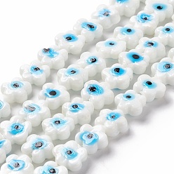 White Handmade Evil Eye Lampwork Beads Strands, Flower, White, 11~11.5x12x4.5~5.5mm, Hole: 1.2mm, about 32~33pcs/strand, 14.17~14.57 inch(36~37cm)