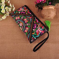 Coloré Sacs à main en tissu brodé, pochette avec fermeture éclair, rectangle avec motif de fleurs, colorées, 140x270mm