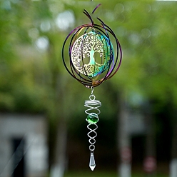 Tree of Life Metal 3D Wind Spinner, with Glass Beads, for Outdoor Courtyard Garden Hanging Decoration, Rainbow Color, Tree of Life, 150mm