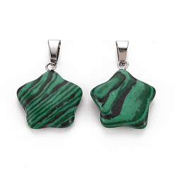 Malachite Star Dyed Synthetic Malachite Pendants, with Platinum Tone Brass Findings, 22~23x20~24x5~7mm, Hole: 2x7mm