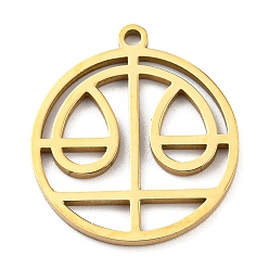 Libra 304 Stainless Steel Pendants, Real 18K Gold Plated, Laser Cut, Flat Round with 12 Constellations Sign Charm, Libra, 22.5x20x1mm, Hole: 1.6mm