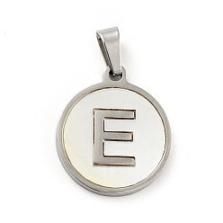 Letter E 304 Stainless Steel with White Shell Pendants, Stainless Steel Color, Flat Round with Letter Charm, Letter.E, 18x16x1.5mm, Hole: 3x6mm