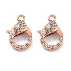 Rose Gold Alloy Rhinestone Lobster Claw Clasps, Crystal, Rose Gold, 31x22x7mm, Hole: 3mm