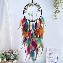 Colorful Iron & Woven Web/Net with Feather Pendant Decorations, with Glass & Wood Beads, for Home Hanging Decorations, Colorful, 700x160mm
