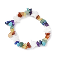 Star Natural & Synthetic Mixed Gemstone Chips & Shell Beaded Stretch Bracelet, Star, Wide: 12mm, Inner Diameter: 1-3/4 inch(4.45cm)
