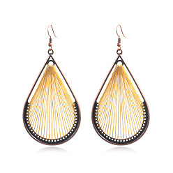 Yellow Bohemia Style Alloy Dangle Earrings, with Cotton Thread and Metallic Cord, Teardrop, Red Copper, Yellow, 93x45mm