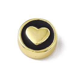 Black Brass Enamel Beads, Long-Lasting Plated, Cadmium Free & Lead Free, Real 18K Gold Plated, Flat Round with Heart, Black, 11x4.5mm, Hole: 1.8mm