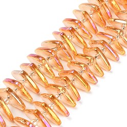 Orange Electroplate Glass Beads Strands, Triangle, Orange, 9x15.5~16x2.8~3mm,Hole:1mm, about 119~131pcs/strand, 24.21''~24.41''(61.5~62cm)