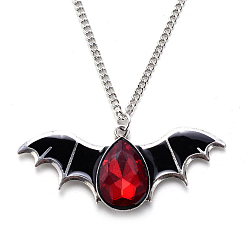 FireBrick Halloween Themed Glass Bat Pendant Necklace with Enamel, Alloy Jewelry for Men Women, FireBrick, Bat: 1.21x2.91 inch(3.08x7.4cm)