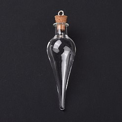 Claro Colgantes grandes de botella de corcho de vidrio en forma de lágrima, colgante de botella de los deseos de cristal vacío, con bucles de hierro tono platimen, Claro, 7.05 cm, agujero: 2.5 mm