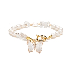 Quartz Crystal Glass Butterfly Charm Bracelet with Clear Cubic Zirconia, Natural Quartz Crystal Chips & Pearl Beaded Bracelet for Women, 7-5/8 inch(19.5cm)