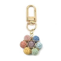 Light Gold Wire Wrapped Natural Lava Rock Pendant Decorations, with Alloy Swivel Clasps, Flower, Light Gold, 6.3cm