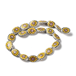 Gold Handmade Porcelain Beads, Famille Rose Porcelain, Oval with Flower, Gold, 19x14~16x5~6mm, Hole: 1.2mm