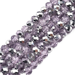 Plum Electroplate Transparent Glass Beads Strands, Half Silver Plated, Faceted, Rondelle, Plum, 6x5mm, Hole: 1mm, about 85~88pcs/strand, 16.1~16.5 inch(41~42cm)
