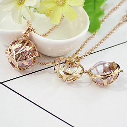Thistle Glass Round Wish Bottle Inside Pendant Necklace, Golden Brass Locket Necklaces, Thistle, Pendant: 23mm